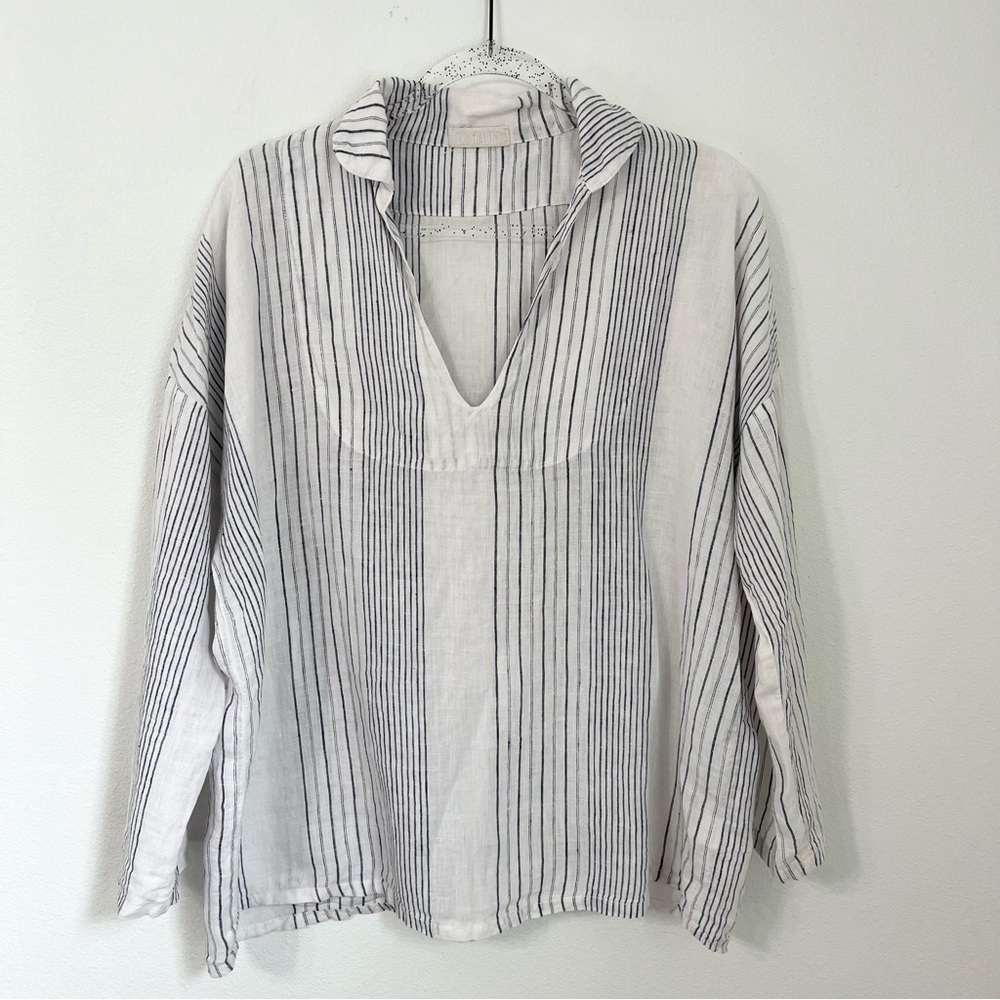 CP Shades Womens  Linen Top S Tunic White Blue Stripe Lagenlook Boho Relaxed